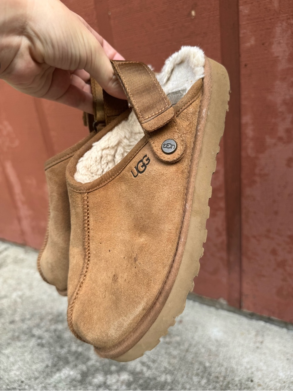 UGG Suede Shearling Lined Clogs Brown Cozy Slip On Shoes